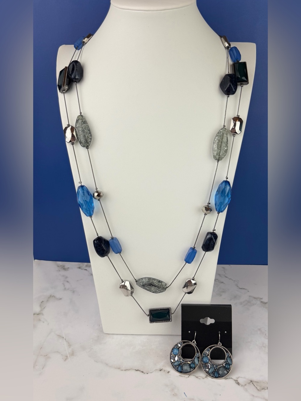 NY&Co Cobalt Blue & Metallic Multi-Strand Necklace & Earrings Set